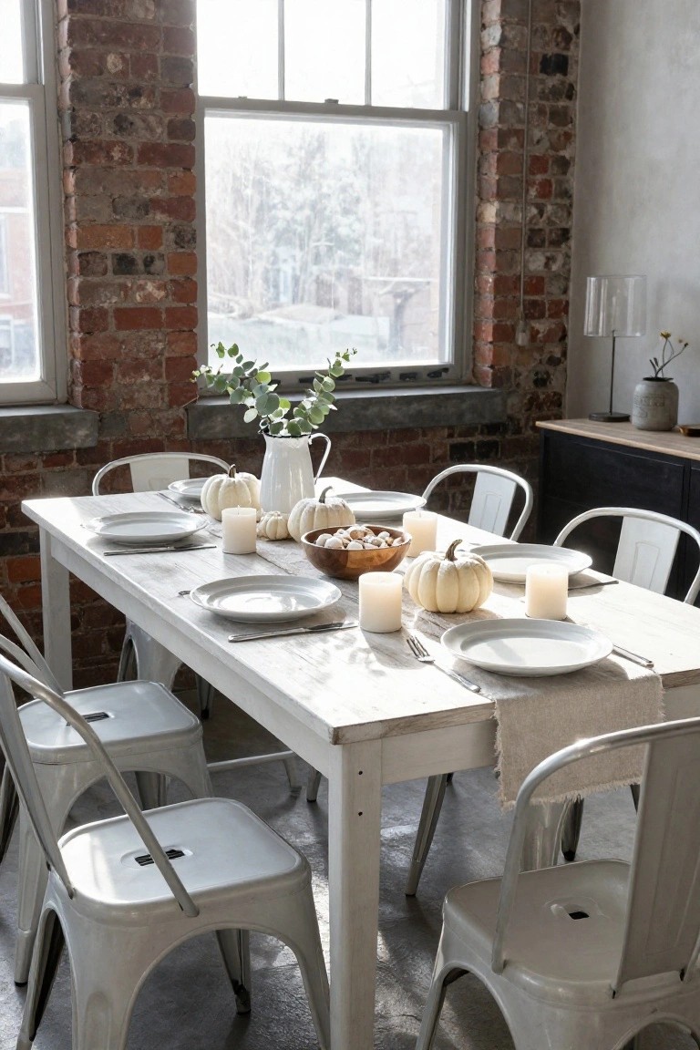 Dining table with whitewashed wood surface set for a meal using white plates, cutlery, white pumpkins in a copper bowl, white candles, and eucalyptus in a white pitcher, surrounded by white metal chairs in a room with exposed brick walls and large windows.