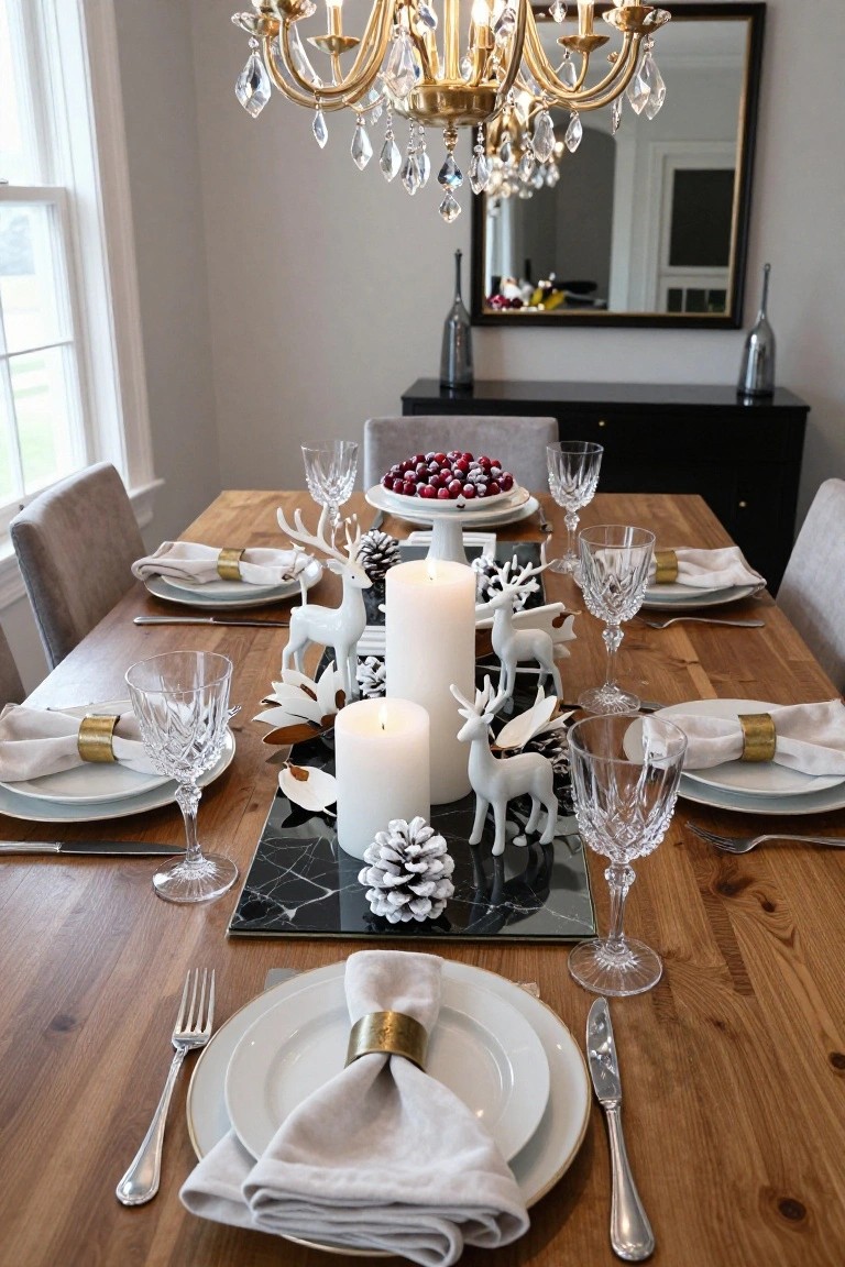 Wooden dining table set for Christmas dinner with white ceramic reindeer figurines, pillar candles on a black tray, crystal wine glasses, white plates, gold napkin rings, and a chandelier overhead.