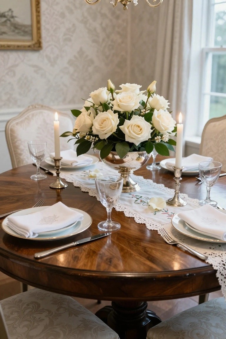Close-up of a round polished wood dining table set for a formal meal with a central silver bowl of white roses and greenery, lit white candles on silver holders, lace table runner, white linens, crystal glassware, and silver flatware.