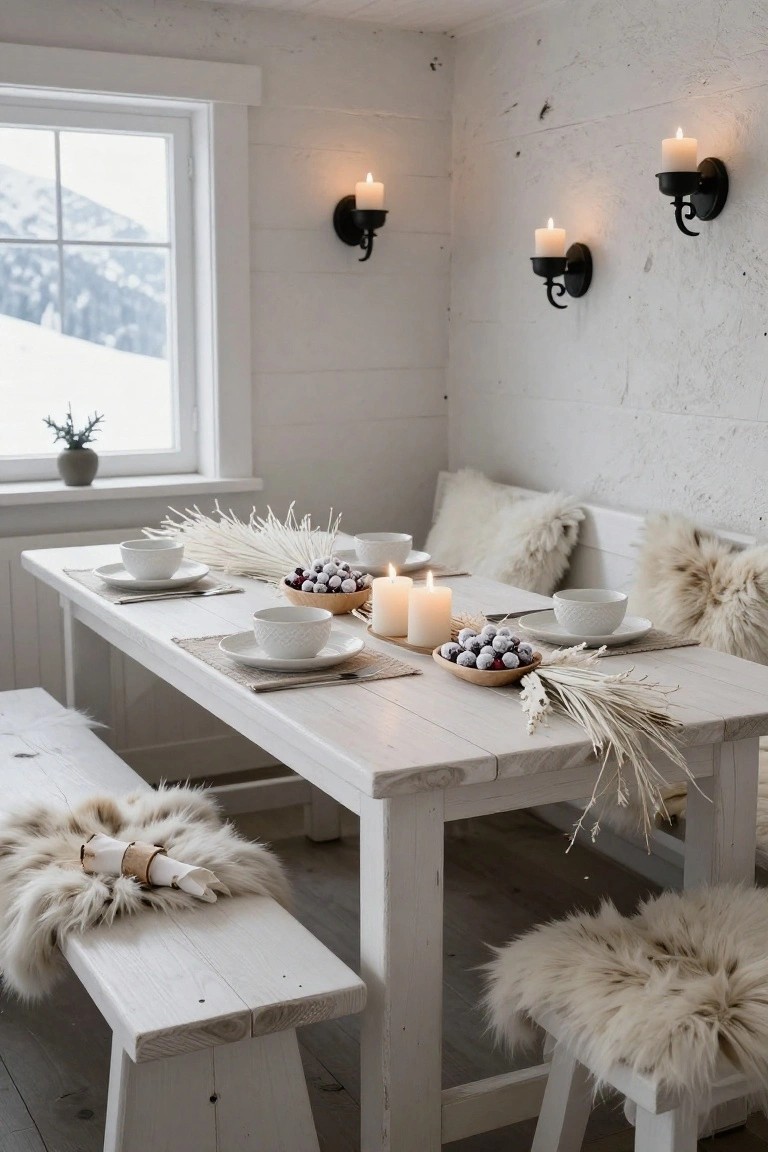White wooden table set with white dishes, bowls of berries, candles, and dried grasses in a white-walled room with bench seating topped with cream fur throws and pillows, snowy mountains visible through the window.