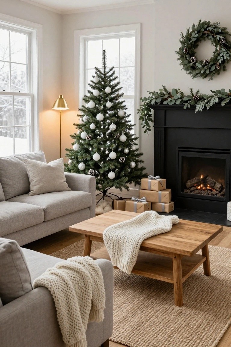Living room corner with a green Christmas tree decorated in white baubles and pinecones next to large snow-covered windows, a black fireplace with garland mantel, gray sofa, wooden coffee table draped in white knit throw, and stacked wrapped gifts.