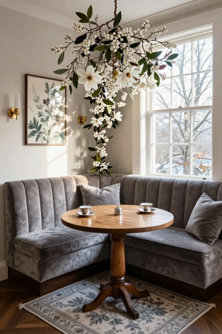Gray tufted velvet banquette seating in an L-shape around a round wooden table in a light-filled room with a large window overlooking winter trees, hanging white floral branches from the ceiling, botanical prints on the wall, and brass wall sconces.