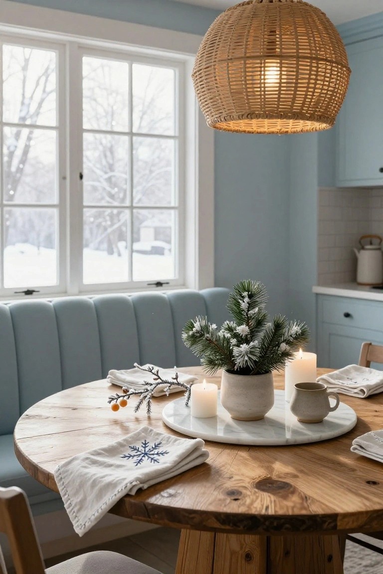 Blue tufted banquette seating in a light blue kitchen with round wooden table, small frosted pine tree in white pot, candles, white mugs, and snowy trees visible through large windows.