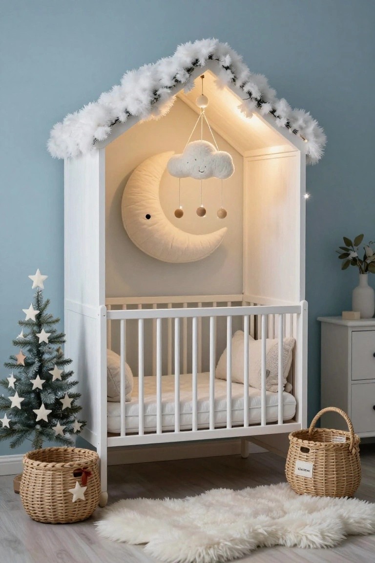 A white wooden crib inside an open house-shaped frame with white faux snow garland on the roof and edges, a large fabric moon and hanging cloud mobile with lights, small decorated Christmas tree nearby, white fluffy rugs on the floor, and blue walls in a nursery room.