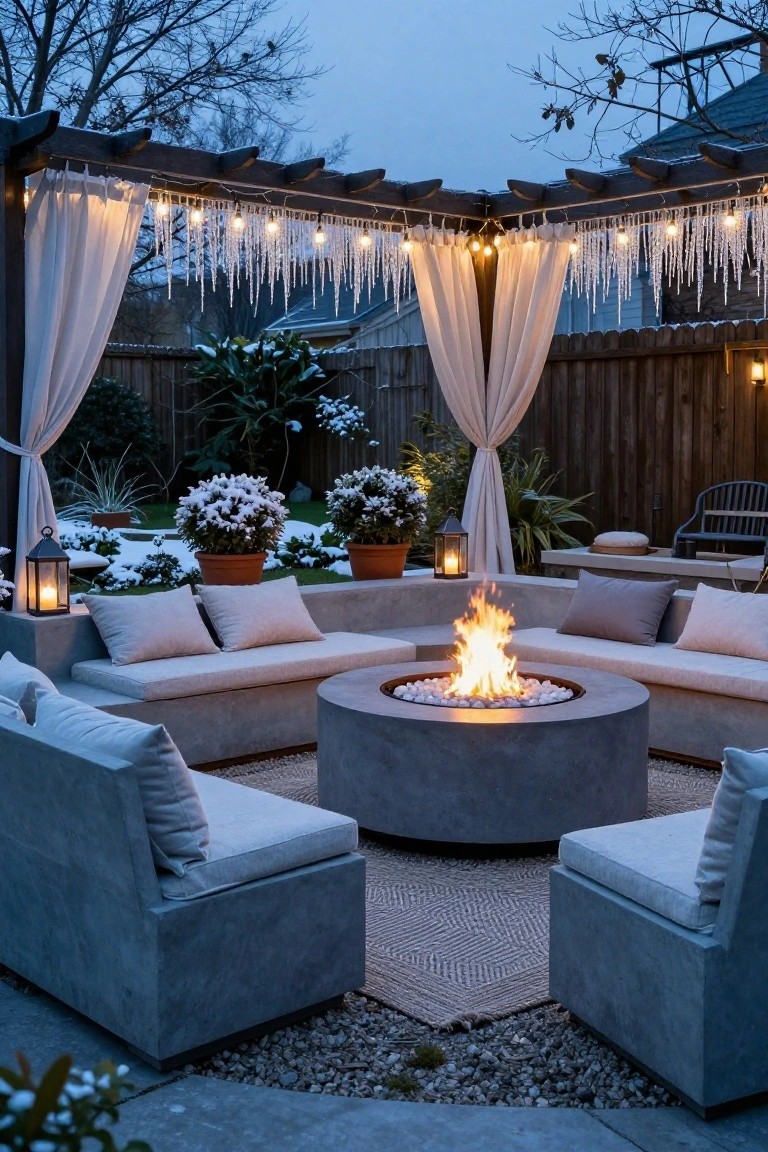 Covered outdoor pergola with central round concrete fire pit surrounded by built-in low seating, white draped curtains, icicle string lights, snowy potted plants, lanterns, and gravel ground at dusk.