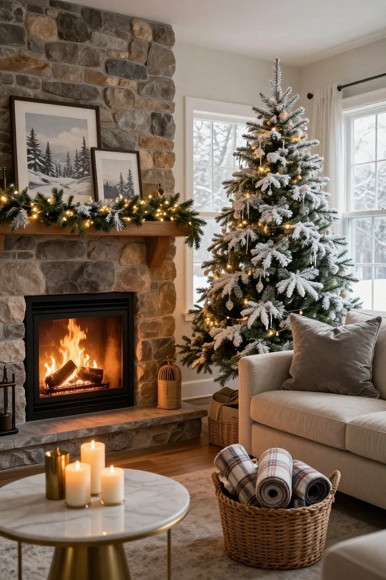 Living room with rustic stone fireplace burning wood, wooden mantel draped in lit evergreen garland, tall flocked white Christmas tree with ornaments and lights nearby, beige sofa with gray pillows and plaid blankets in wicker basket, gold pillar candles on round marble table with brass base.