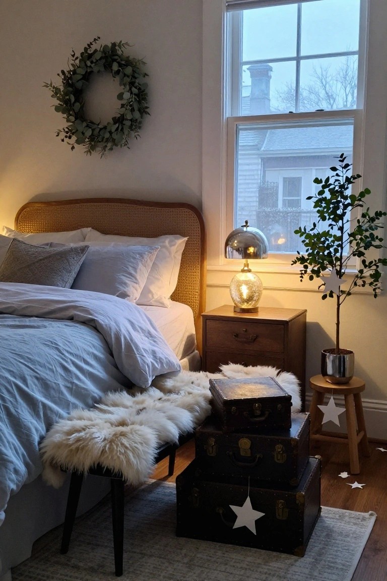 Bedroom corner with rattan headboard bed draped in gray linens, wooden nightstand holding a metallic lamp and potted plant, fur-covered bench topped with stacked leather suitcases and hanging paper stars, eucalyptus wreath on wall by window.