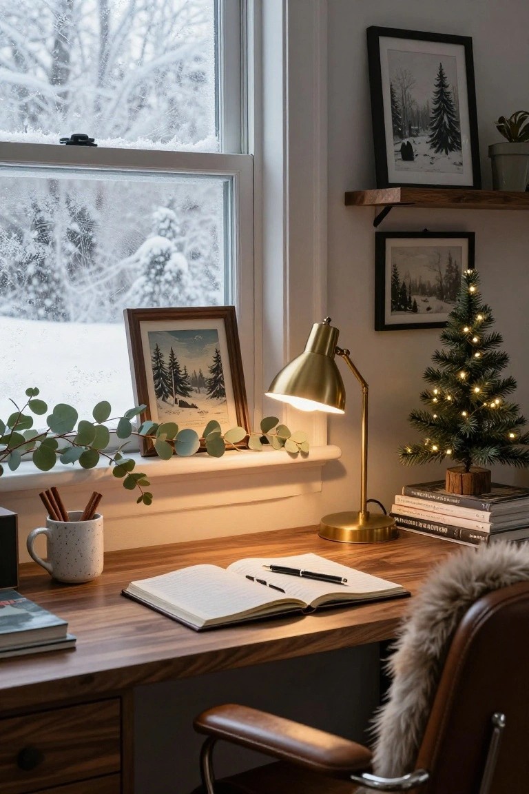 Wooden desk with open notebook, pens, and mug in front of a window showing snowy outdoors, with eucalyptus garland on sill, mini lit Christmas tree on shelf, and brass lamp nearby.