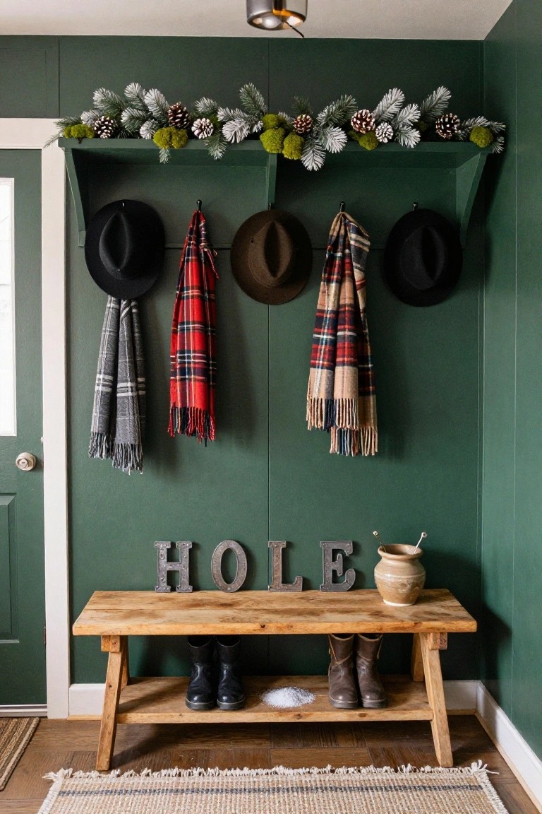 Green entryway mudroom featuring hats and scarves hanging from hooks on a wall shelf decorated with pine garland and moss balls, wooden 