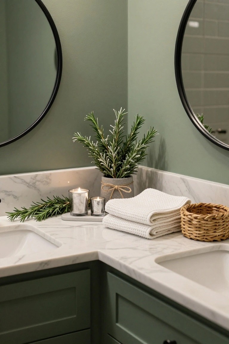Bathroom corner vanity with green cabinets, white marble countertop and sinks, two round black-framed mirrors on green walls, potted rosemary plant in terracotta pot with twine, loose rosemary branches, two lit metallic candles on gray tray, stacked white towels, and woven basket.