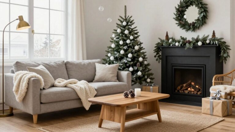 Living room corner with a green Christmas tree decorated in white baubles and pinecones next to large snow-covered windows, a black fireplace with garland mantel, gray sofa, wooden coffee table draped in white knit throw, and stacked wrapped gifts.