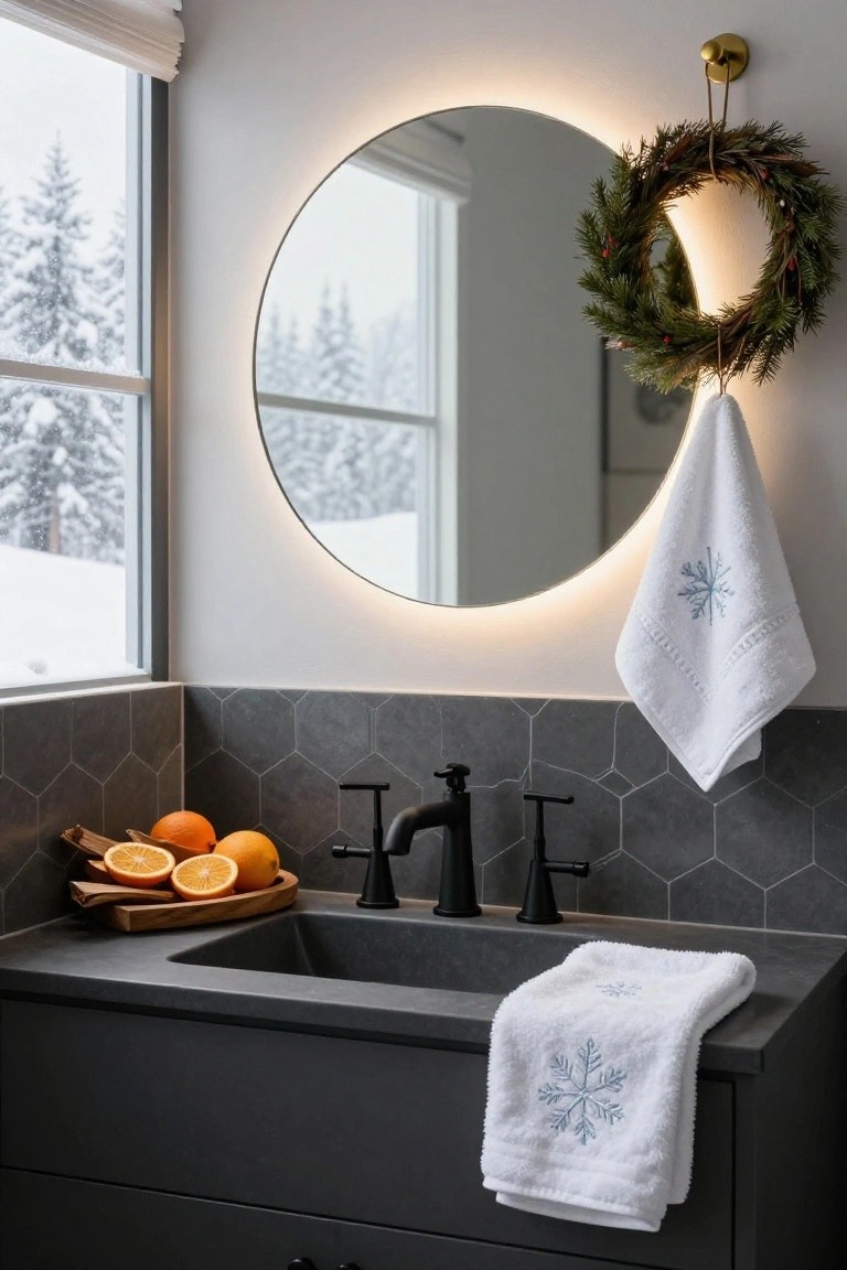 Modern bathroom vanity area with black matte sink and faucets, dark hexagonal tile backsplash, round backlit mirror with green wreath, two white towels embroidered with blue snowflakes draped on hook and vanity edge, wooden bowl of sliced oranges, window overlooking snowy pine forest.