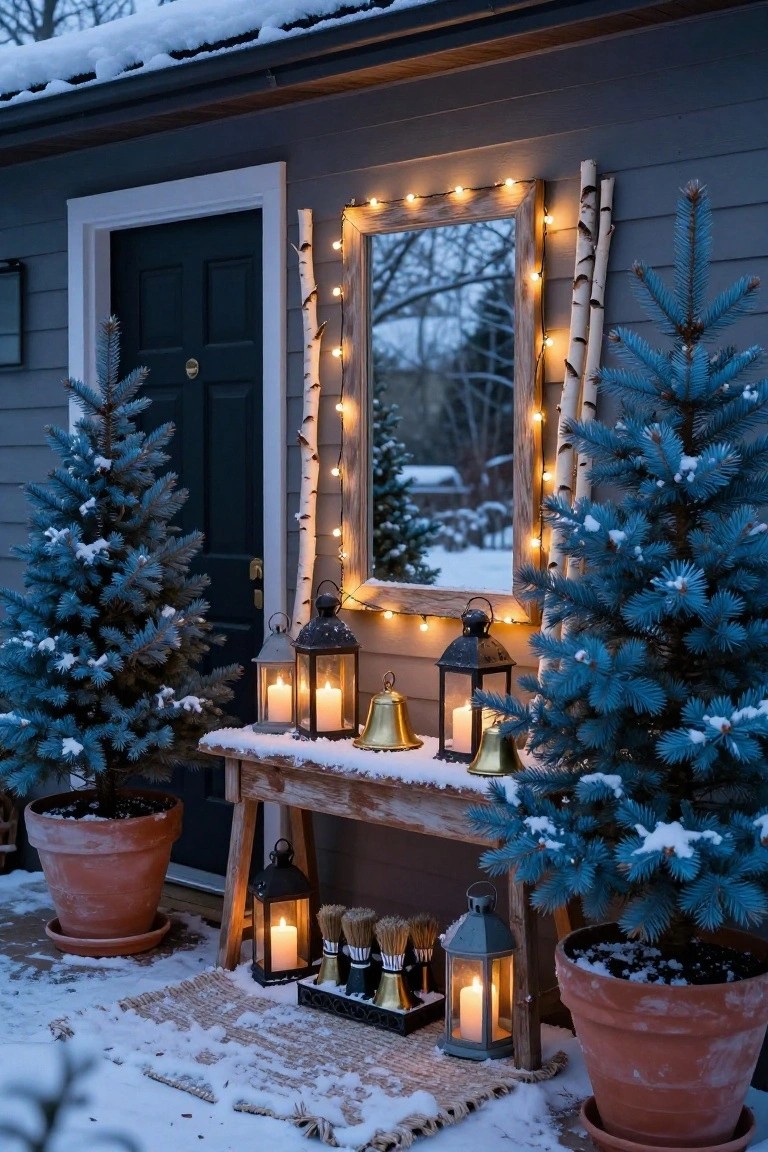 Snowy front entry of a dark gray shed with black door flanked by two potted blue spruce trees, wooden bench on stoop holding lanterns bells and brooms, birch poles mirror with string lights beside door, potted trees in terracotta pots on ground with seagrass mat.