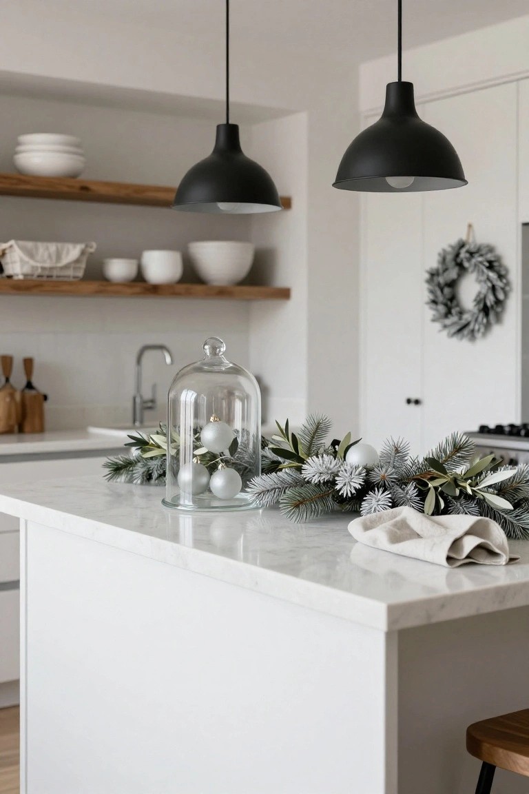 White kitchen island with a glass cloche containing three silver Christmas ornaments surrounded by pine branches and olive leaves, plus nearby garland and linen cloth, under black pendant lights.