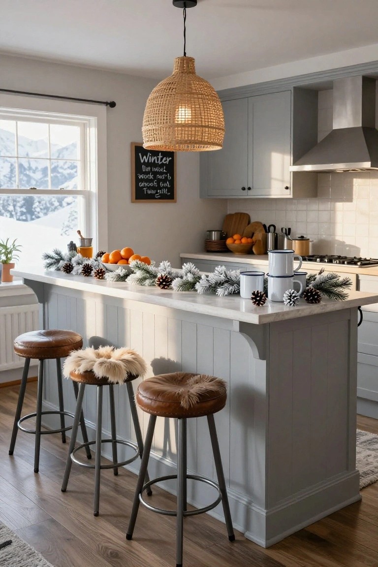 Kitchen island with white marble top decorated by pine garland, oranges, pinecones, faux snow, and stacked white enamel mugs, flanked by leather and sheepskin bar stools, gray cabinetry, and window showing snowy mountains.