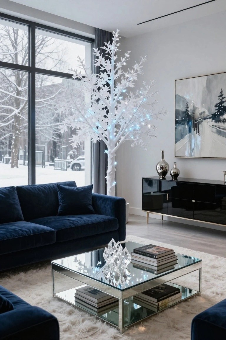 Modern living room featuring navy velvet sofas around a mirrored glass coffee table with crystal decor, black credenza with metallic vases, tall illuminated white artificial tree beside gray curtains and large windows showing snowy outdoor scene.