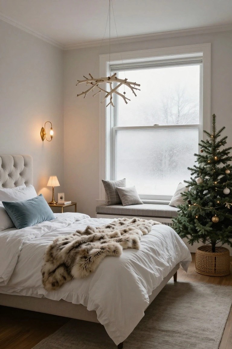 A bedroom with tufted bed under white duvet and fur throw, small lit Christmas tree with ornaments next to window bench and frosted window, branch chandelier above.