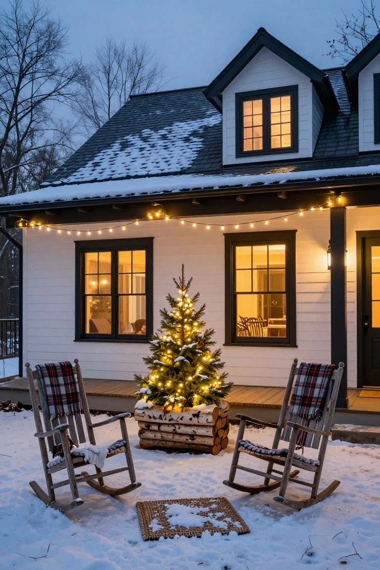 Snowy front porch of a white house at dusk with two plaid-blanket-draped rocking chairs flanking a lit potted Christmas tree in a firewood planter, string lights along the eaves, and warm-lit windows visible on the facade.