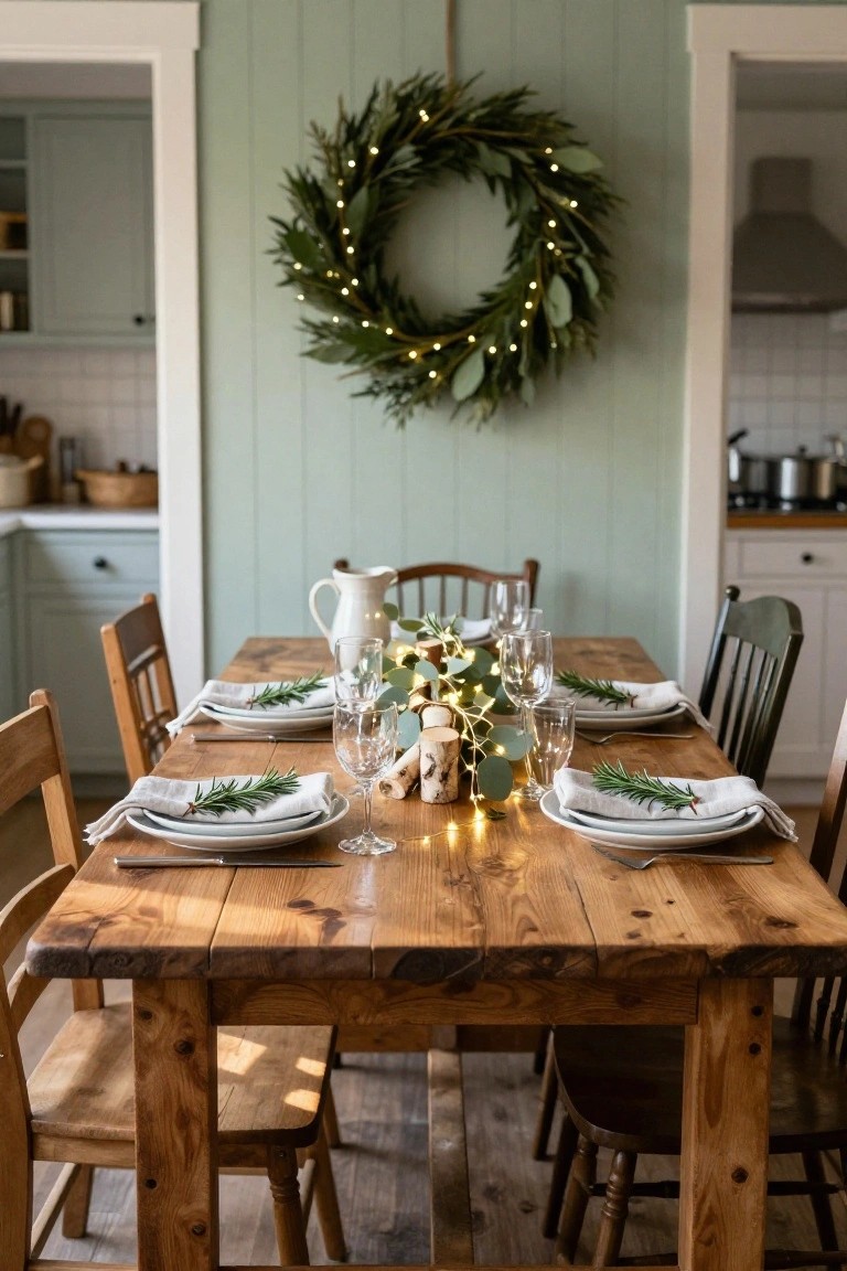 Wooden dining table set for a meal with white plates garnished by rosemary sprigs on linen napkins, wine glasses, a white pitcher, fairy lights, birch branches, and a large lit eucalyptus wreath on a sage green paneled wall, with a kitchen in the background.
