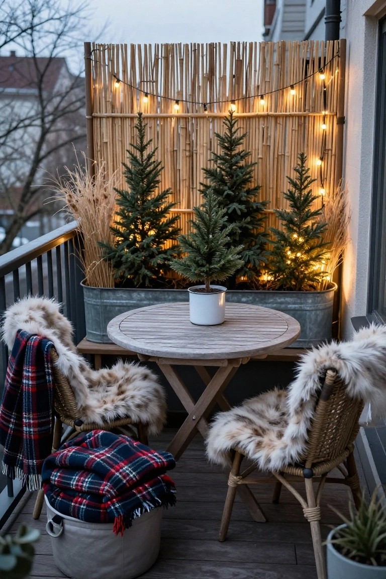 Balcony deck with round wooden table, two rattan chairs topped with faux fur cushions and plaid blankets, metal tub planter holding pampas grass and small Christmas trees, bamboo privacy fence strung with warm lights.
