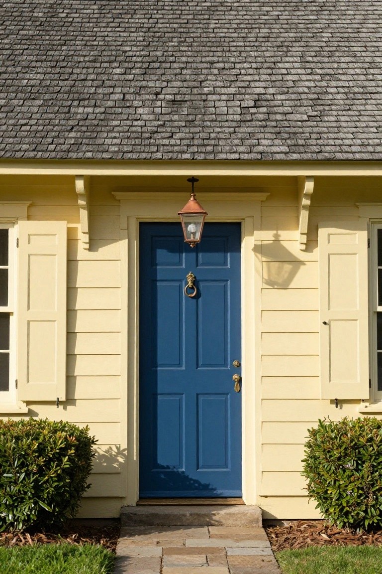 Pale yellow clapboard house exterior with centered navy blue front door, brass knocker and knob, matching yellow shutters, copper lantern light, gray slate roof, and symmetrical boxwood shrubs flanking a stone walkway.