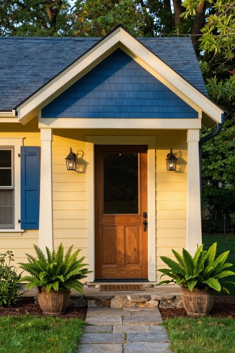 A small yellow clapboard house with a blue gabled roof over the covered entry, blue shutters on the window, wooden front door with glass panel, black lanterns on white columns, and large potted ferns flanking stone entry steps leading to a flagstone path.