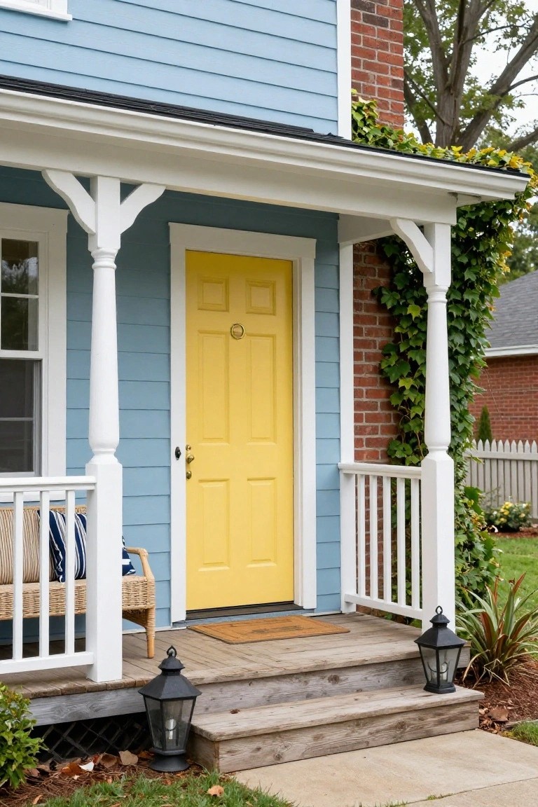 Light blue clapboard house exterior with yellow front door, white porch columns and railing, lanterns on steps, wicker chair with cushions, and ivy on brick corner.