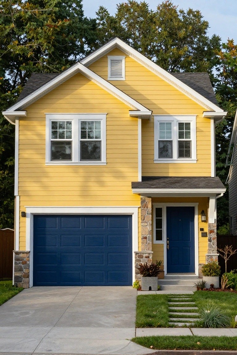 Two-story yellow clapboard house with white trim, navy blue double garage door, navy blue front door flanked by stone pillars, potted plants on porch, concrete driveway, and lawn with path steps.