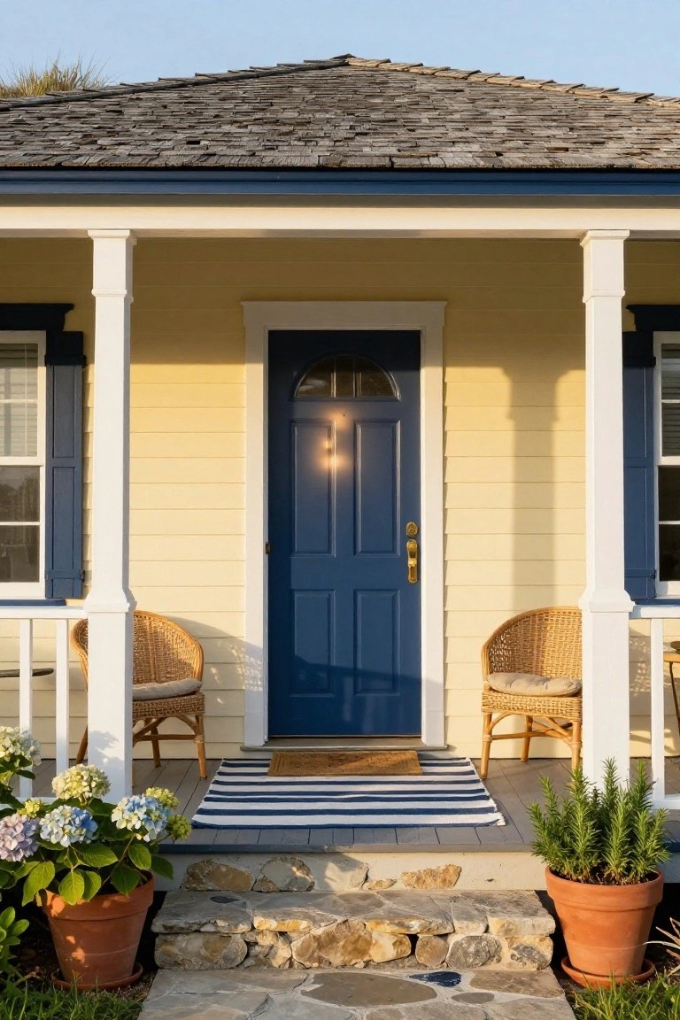 Pale yellow clapboard house with white porch columns, navy blue front door and shutters, two wicker chairs on the porch, striped door mat, potted hydrangeas and rosemary plants, and stone entry steps.
