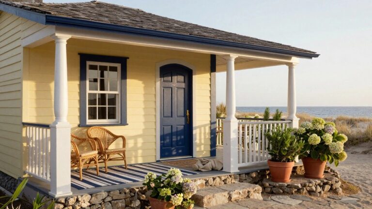 Pale yellow clapboard house with white porch columns, navy blue front door and shutters, two wicker chairs on the porch, striped door mat, potted hydrangeas and rosemary plants, and stone entry steps.