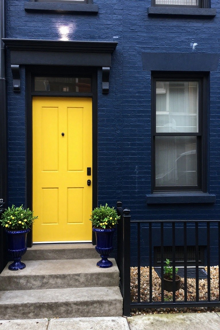 Navy blue brick rowhouse exterior with a bright yellow double front door, blue urns holding yellow-flowering plants on concrete steps, black window trim, and a small black metal fence at the basement level.