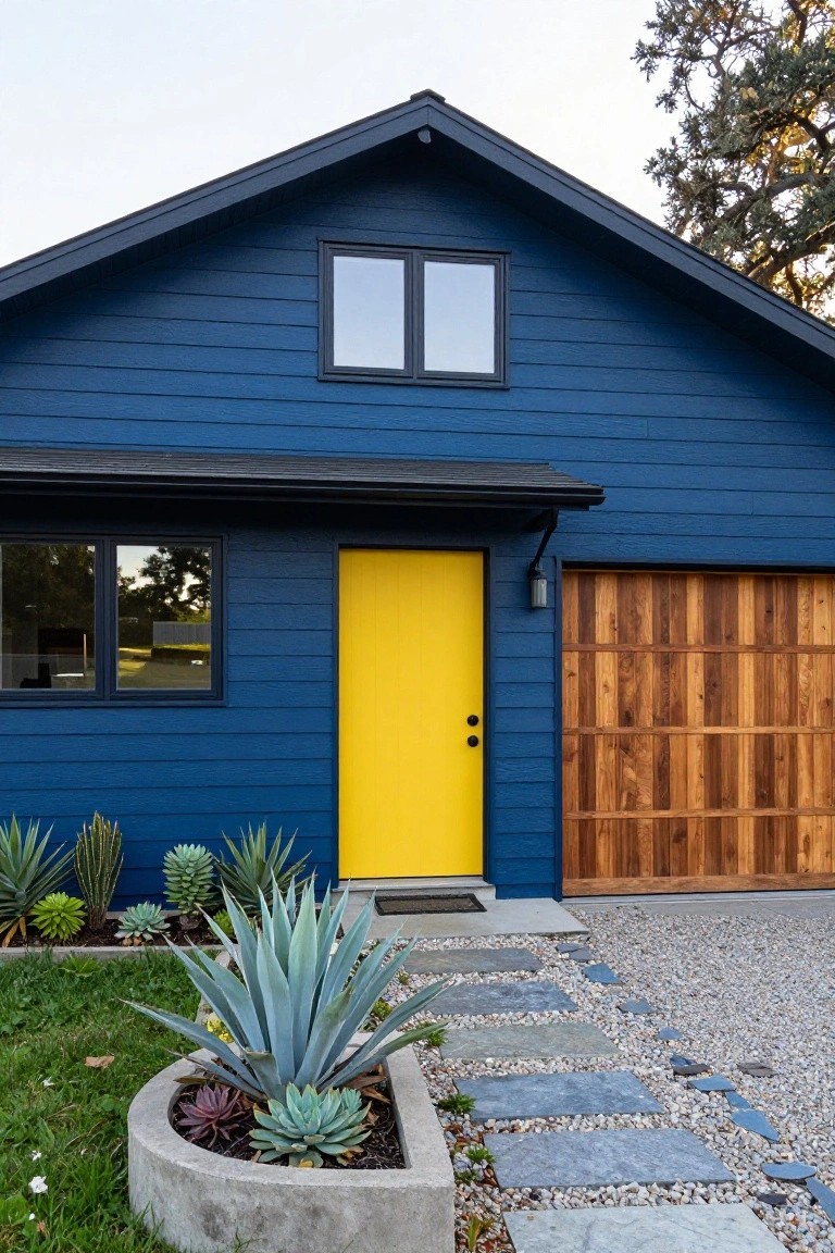 Front exterior of a navy blue house with horizontal siding, yellow front door, black window frames, wooden garage door, and succulent plants bordering a stone entry path.