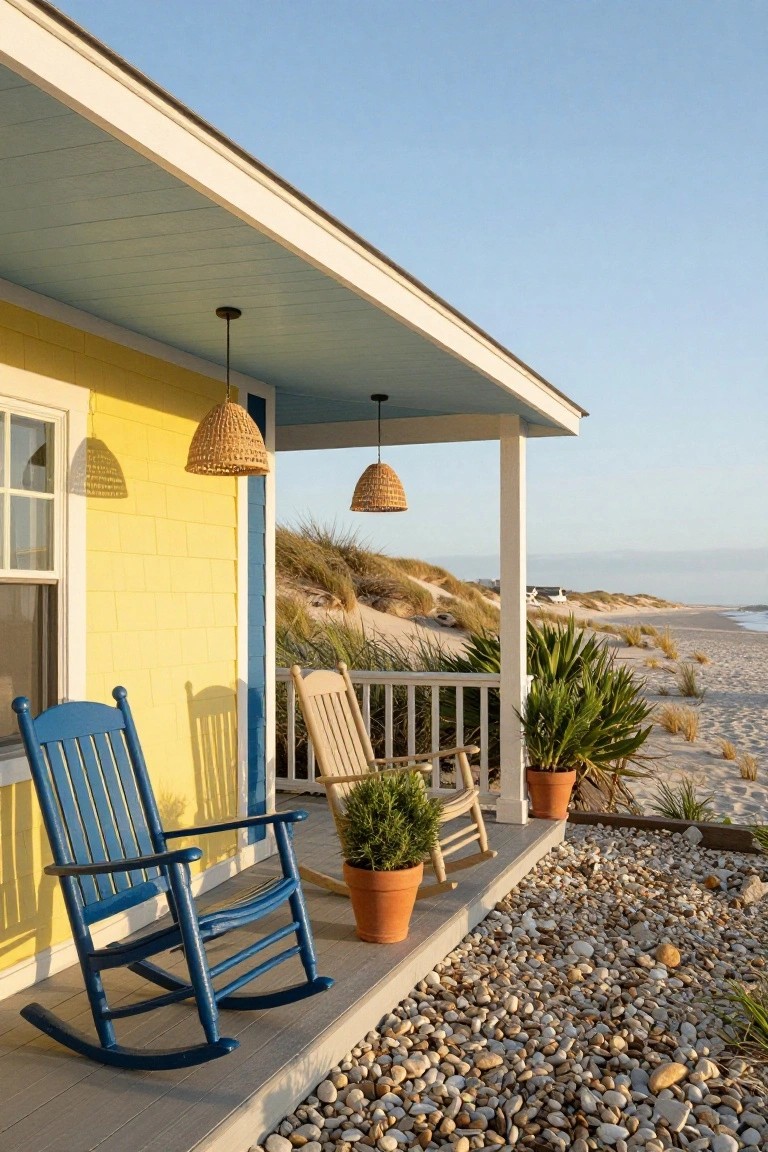 Yellow clapboard beach house porch with blue and tan rocking chairs, potted plants including agave and boxwood, woven rattan hanging lanterns, white railings, gravel ground cover, sand dunes, and ocean in the background.