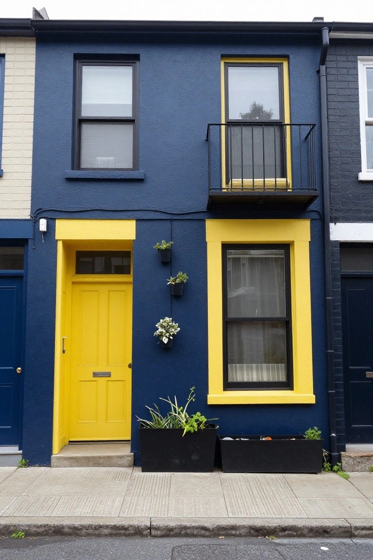 Terraced house painted navy blue with bright yellow front door, yellow window trim, small upper balcony, and potted plants next to the entrance on a concrete sidewalk.