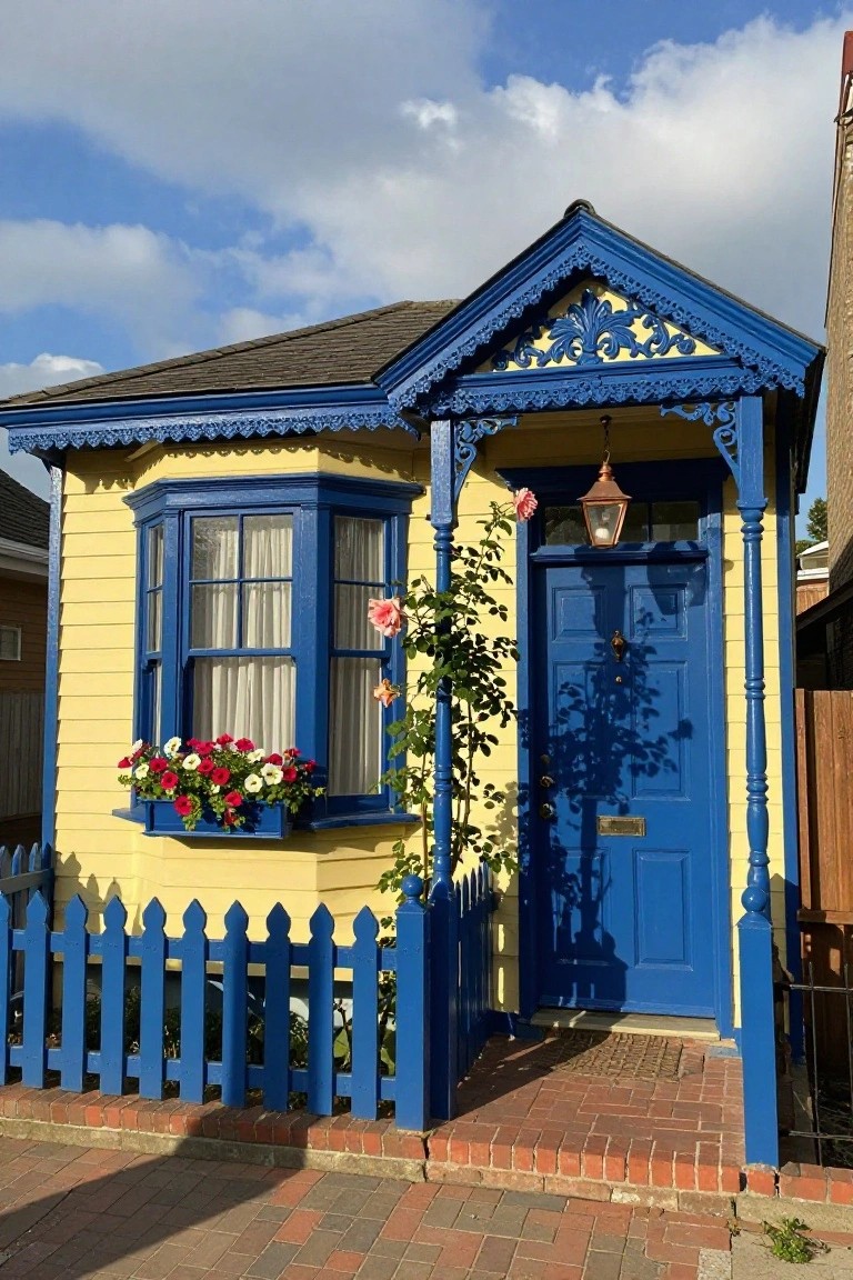 Small yellow clapboard house with blue trim on the bay window, porch, door, and picket fence, featuring flower boxes, climbing roses, and a copper lantern.