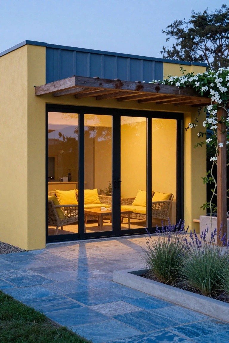 A small modern pavilion with yellow stucco exterior walls, dark blue metal roof, wooden pergola overhang covered in white flowering vines, large black-framed sliding glass doors revealing a yellow interior with yellow rattan chairs, sofa, and table, adjacent blue slate tile patio edged with lavender plants and grasses in a garden at dusk.