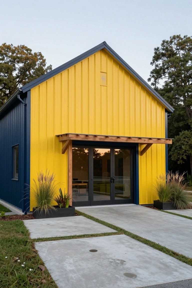 A gabled barn-style house with yellow corrugated metal siding on the main facade, blue siding on the side wall, wooden entry canopy over glass doors, potted grasses flanking the concrete path, and surrounding oak trees at dusk.
