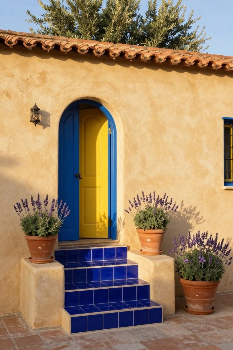 Beige stucco house exterior with yellow arched door in blue frame, blue tiled entry steps, terra cotta pots of lavender plants on each side, lantern light, and olive tree above terracotta tile roof.