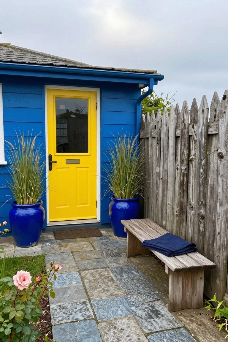 Blue wooden shed with bright yellow front door featuring glass panel and brass handle, flanked by two large blue ceramic pots with tall grasses, wooden bench with blue blanket, weathered picket fence, pink rose bushes, and stone pathway under cloudy sky.