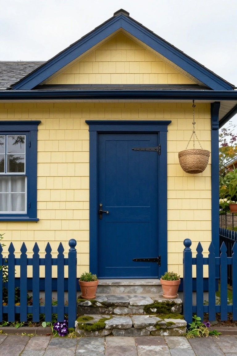 Small yellow shingled house with navy blue front door, blue window trim, blue picket fence, hanging basket, potted plants, and mossy stone steps.