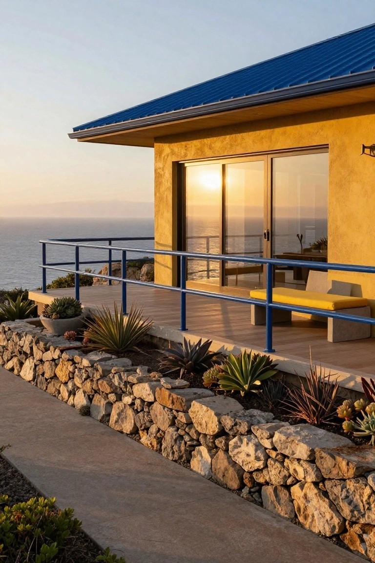 Yellow stucco house corner with blue metal roof overhang, blue metal balcony railings overlooking ocean, yellow cushions on concrete bench, stone retaining wall with succulents and agave plants below.