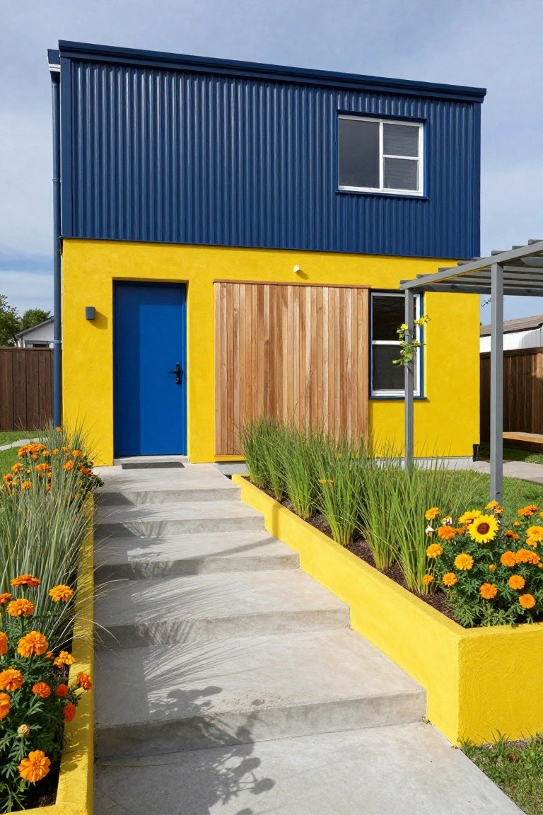Modern two-story house with yellow walls, navy blue corrugated metal roof and door, wooden side panel, concrete entry steps, yellow planters with orange marigolds and grasses.