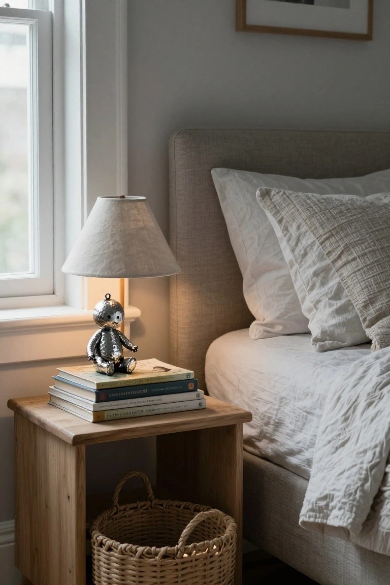 Silver metallic teddy bear figurine on a stack of books atop a wooden nightstand next to a bed with white bedding, a lit lamp, and a window.