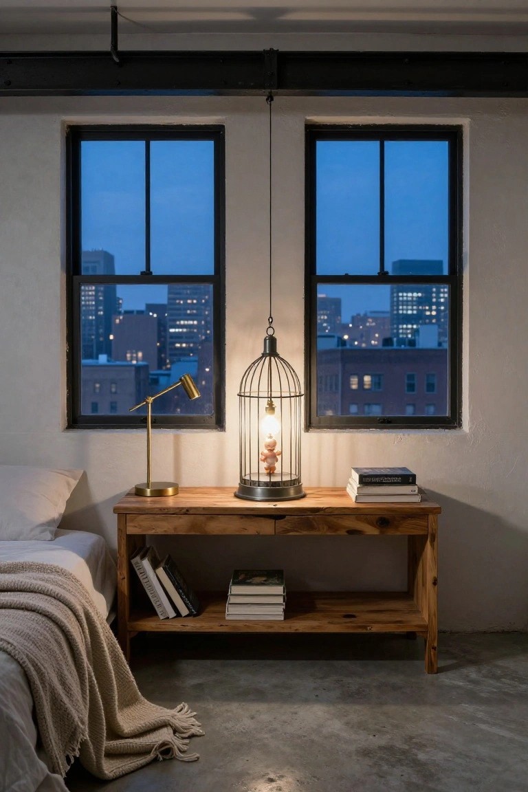Bedside wooden nightstand holding a lit birdcage lamp with a small pink doll inside, a gold desk lamp, stacked books, next to a bed with white bedding and throw, large black-framed windows showing city skyline at dusk, concrete floor and industrial ceiling.