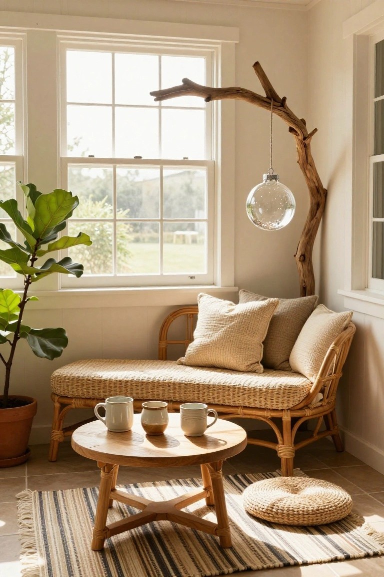 Light-filled indoor room with large windows, rattan daybed with cushions, wooden round table holding mugs, potted fiddle leaf fig plant, and branch floor lamp suspending a large clear glass orb ornament.