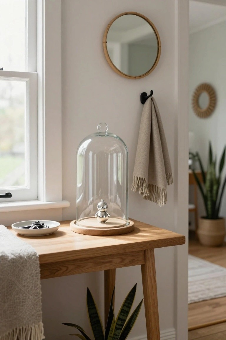 Clear glass cloche over a small silver figurine on a round wooden base next to a white dish of keys on an oak console table draped with a beige throw in a bright room with plants and a round bamboo mirror on the wall.