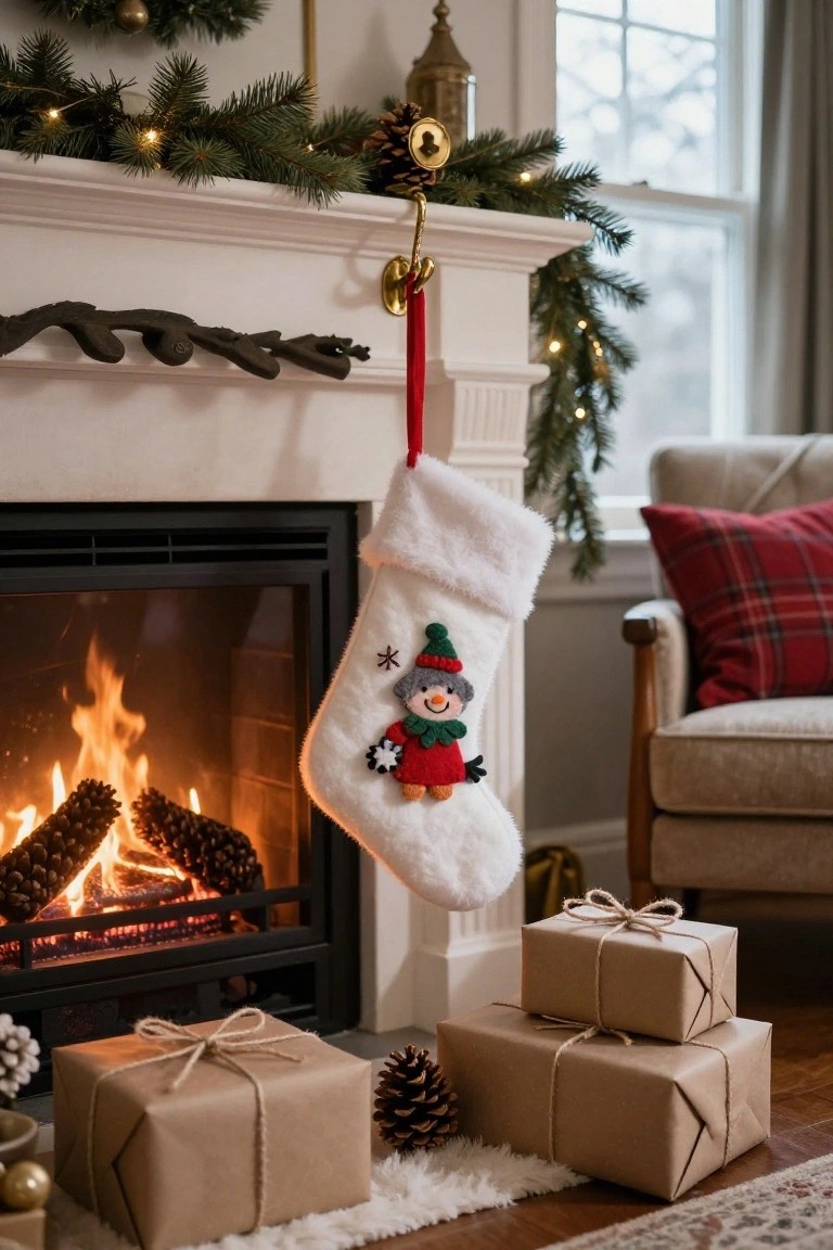 White crocheted Christmas stocking featuring a gray snowman with green hat, red scarf, and bird applique, hung from a red ribbon on a wooden mantel above a lit gas fireplace, with evergreen garland, wrapped brown boxes, and pinecones nearby.