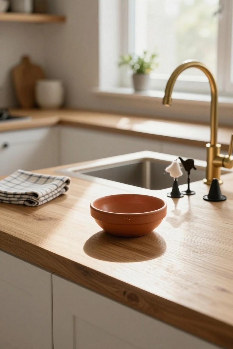 Kitchen counter with wooden surface, terracotta bowl, folded checkered towel, small black bird figures on bases with one topped by white cotton, black conical shakers, stainless sink, and gold faucet.