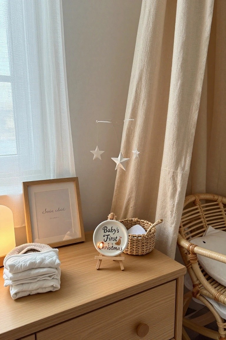 Nursery dresser in beige room with wooden stand displaying "Baby's First Christmas" plate ornament, stacked white baby clothes, small basket, lamp, framed photo, hanging white star mobile, and rattan bassinet nearby.