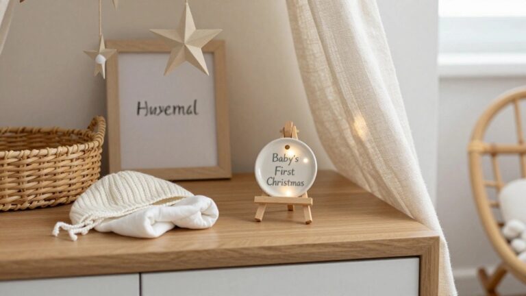 21 Baby’s First Christmas Ornament Ideas That Feel Extra Special Nursery dresser in beige room with wooden stand displaying "Baby's First Christmas" plate ornament, stacked white baby clothes, small basket, lamp, framed photo, hanging white star mobile, and rattan bassinet nearby.